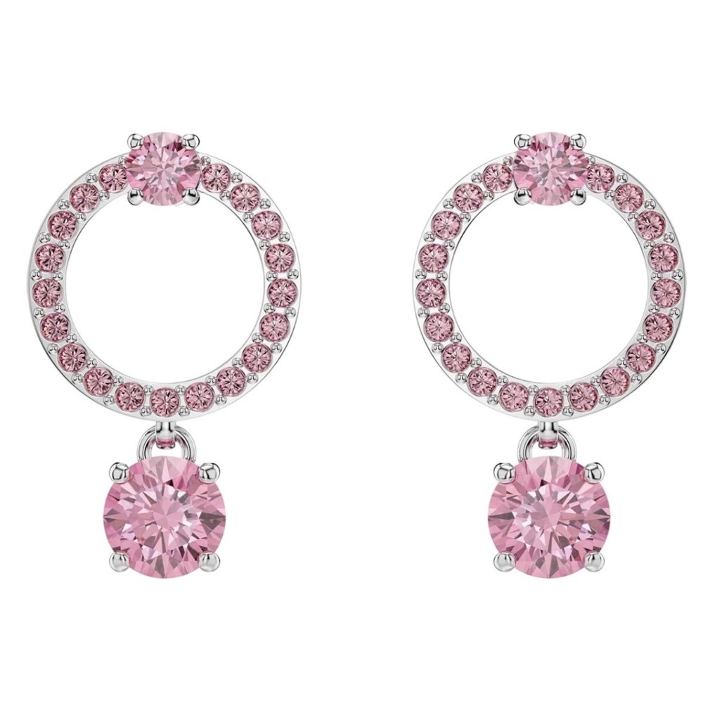 Swarovski Attract Pink Crystal Drop Earrings Rhodium Plated Round Halo